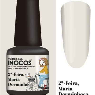 Frasco de verniz gel Inocos com ilustração e texto '2ª-feira, Maria Dorminhoca'