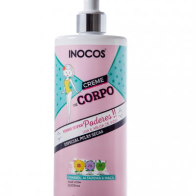 Frasco de creme corporal rosa com doseador e texto em português