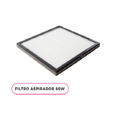 Filtro aspirador quadrado branco com moldura preta e texto 'FILTRO ASPIRADOR 80W'