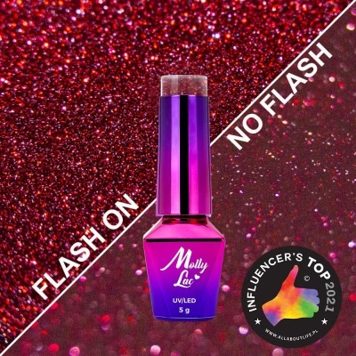 Frasco de verniz para unhas Molly Lac UV/LED 5g com tampa roxa metálica e fundo vermelho brilhante