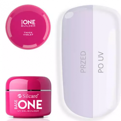 Frasco rosa de gel UV com rótulos e amostra de unha com texto PRZED e PO UV