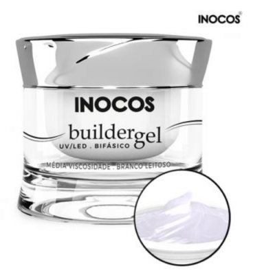 Frasco de gel para unhas INOCOS buildergel branco leitoso com tampa prateada