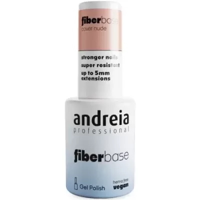 Frasco de verniz gel Andreia Professional fiberbase com tampa rosa claro e corpo branco com azul