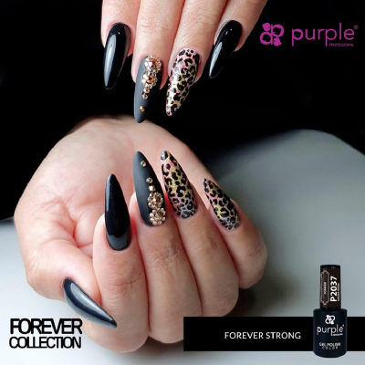 Unhas decoradas com verniz preto, padrão de leopardo e pedrarias douradas, garrafa de verniz purple Professional