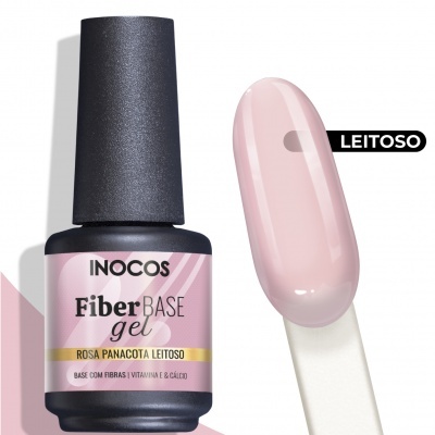 Frasco de verniz gel INOCOS Fiber Base gel Rosa Panacota Leitoso com amostra da cor em unha de amostra