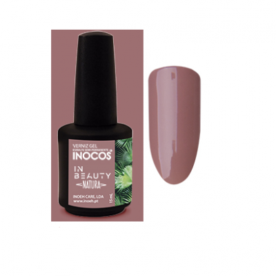 Frasco de verniz gel INOCOS e amostra da cor rosa nude