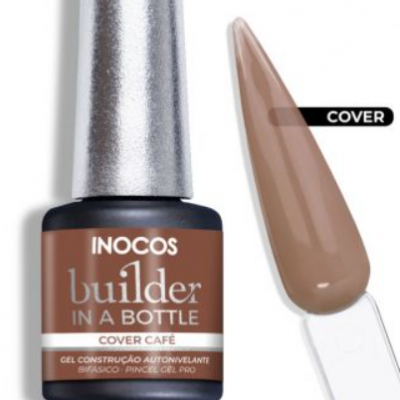 Frasco de gel para unhas INOCOS Builder in a Bottle cor Cover Café com amostra da cor em fundo branco