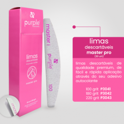 Embalagem rosa e lima descartável para unhas cor cinza com texto roxo da Purple master pro.