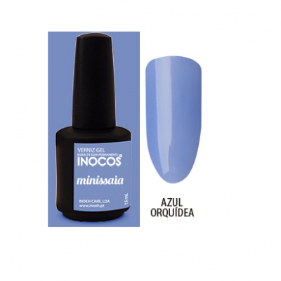 Frasco de verniz gel preto com etiqueta azul claro e amostra da cor azul orquídea