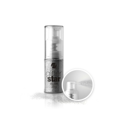 Frasco transparente com glitter prateado em spray e texto da marca