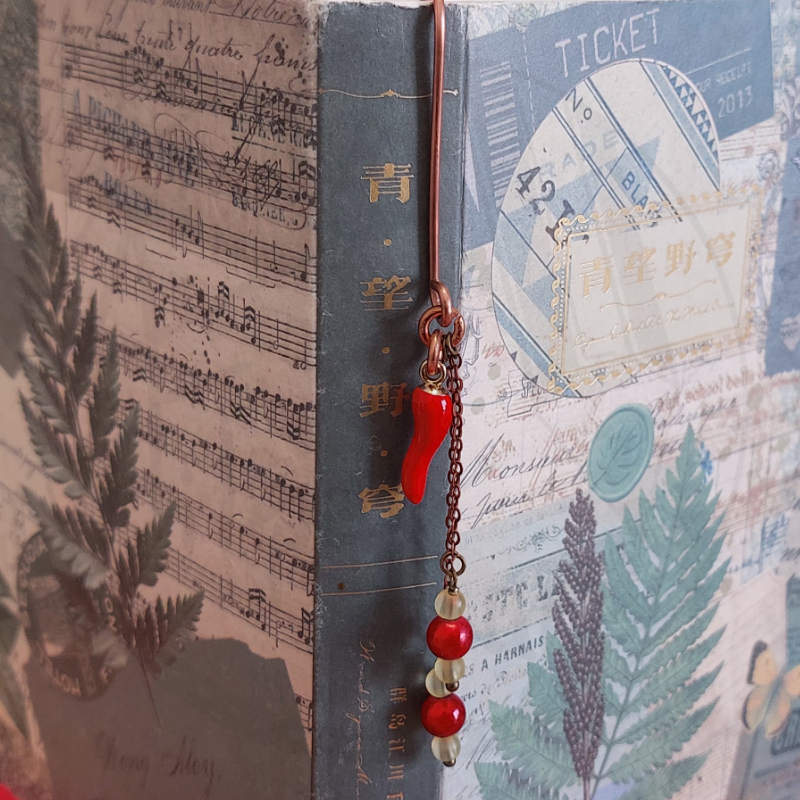 Marcador de livro com pimenta vermelha pendurada em livro com capa decorada