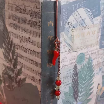 Marcador de livro com pimenta vermelha pendurada em livro com capa decorada