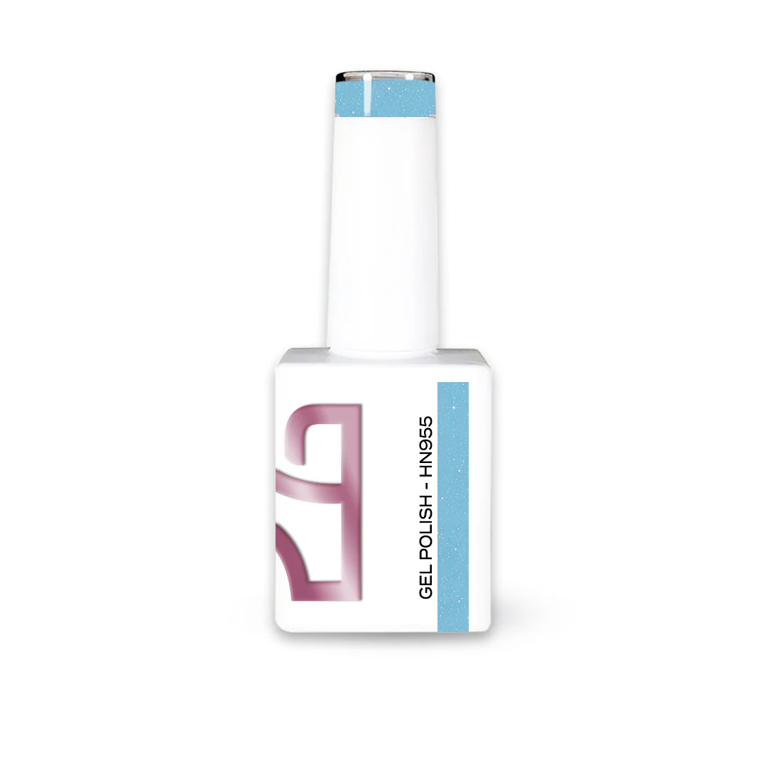 Verniz Gel Lollipop Collection 10ml - HN955 Frasco de verniz gel para unhas branco com rótulo azul claro e texto