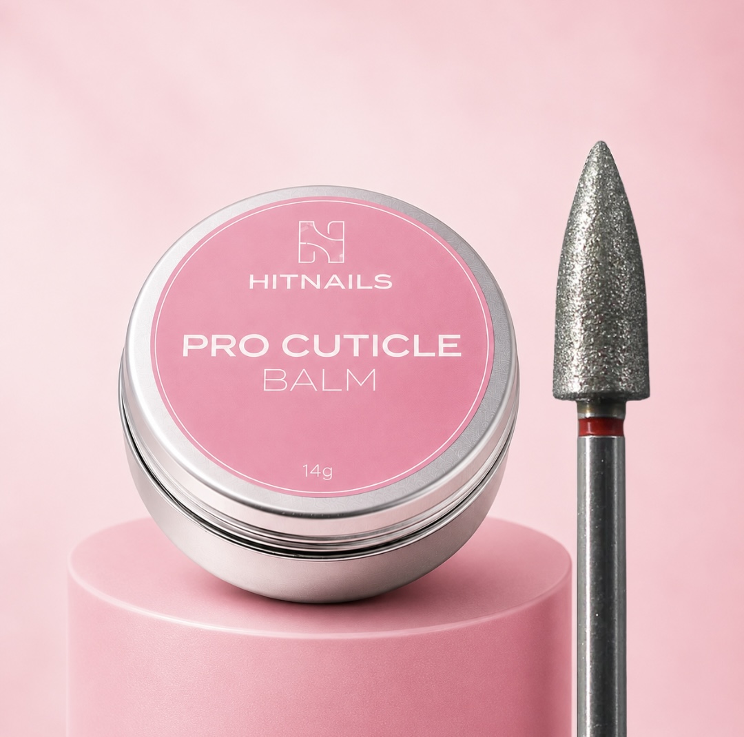 DUO - Pro Cuticle Balm / Diamante Bala Tampa rosa de embalagem redonda de Pro Cuticle Balm, ao lado broca metálica pontiaguda