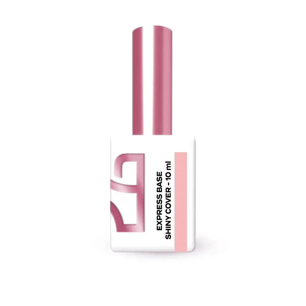 Express Base - Shiny Cover 10ml Frasco de verniz de unhas branco com tampa rosa e texto na etiqueta