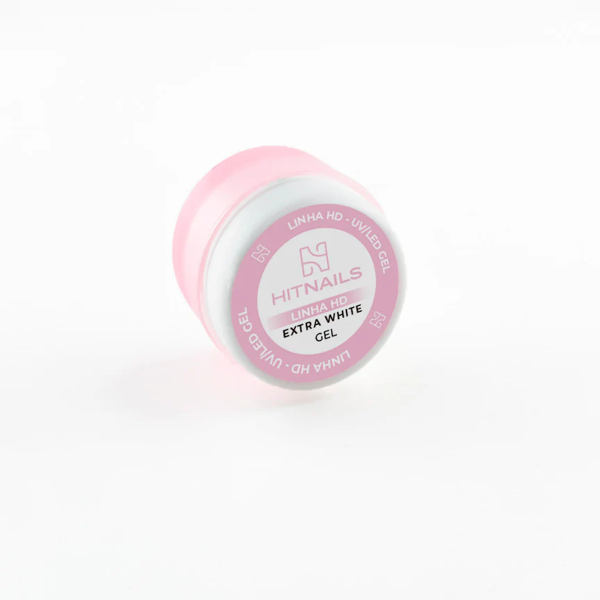 HD Extra White 5ml - nova fórmula Frasco pequeno de gel para unhas com tampa rosa e rótulo branco e rosa