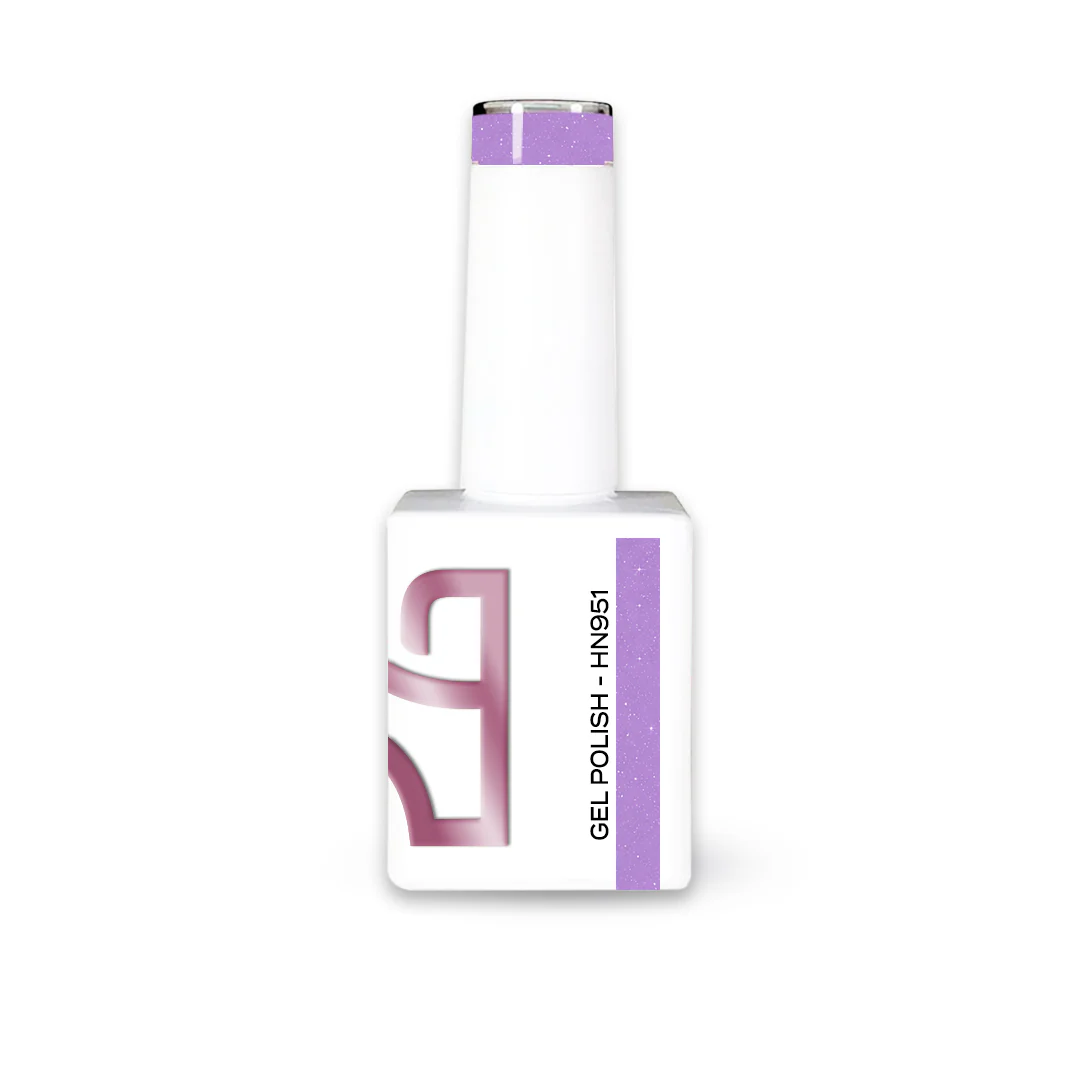 Verniz Gel Lollipop Collection 10ml - HN951 Frasco de verniz gel branco com tampa e faixa lilás brilhante, texto GEL POLISH - HN951