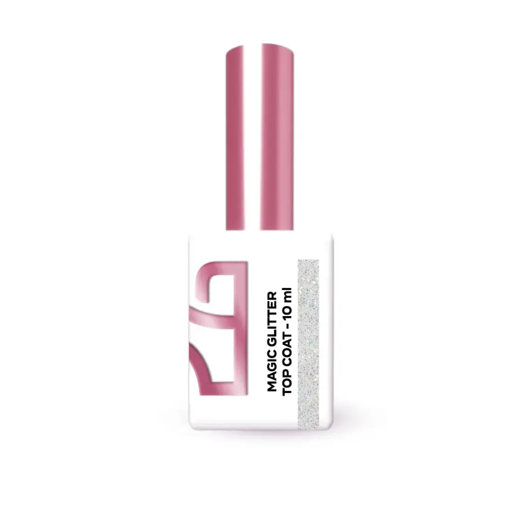 Top Coat - Magic Glitter 10ml Frasco de verniz de unhas Magic Glitter Top Coat 10 ml branco com tampa rosa