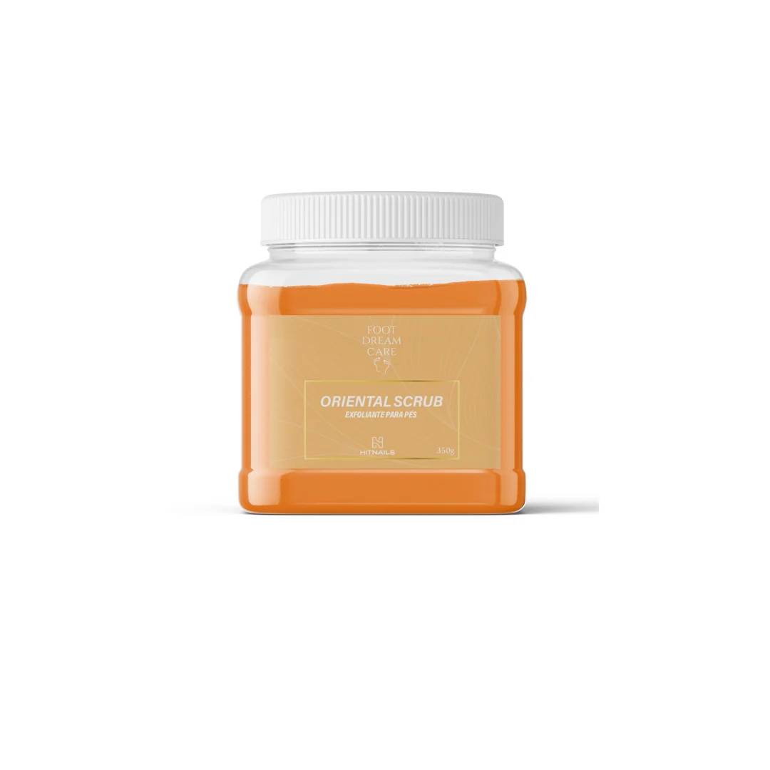 Frasco plástico transparente com creme laranja e tampa branca