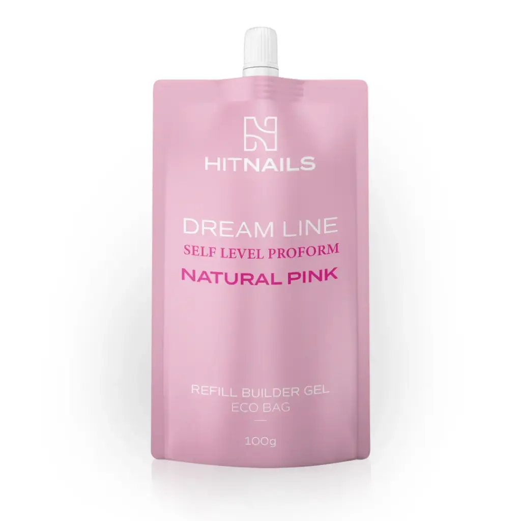 Gel de Construção Dream Line Self Level - Natural Pink Embalagem rosa de gel para unhas com texto branco e rosa