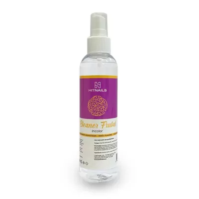 Frasco plástico com pulverizador e rótulo roxo e branco de Cleaner Fudal da marca HÍTNAILS