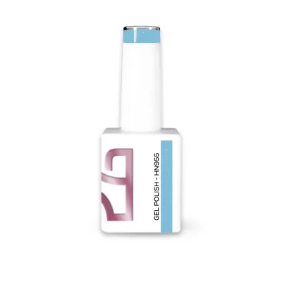 Frasco de verniz gel para unhas branco com rótulo azul claro e texto