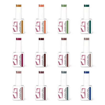 Doze frascos de verniz para unhas com diferentes cores e tampas brancas