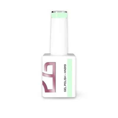 Frasco branco de verniz gel para unhas com etiqueta e tampa com detalhes verdes claros