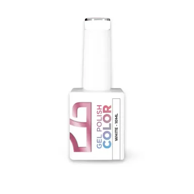 Frasco de verniz gel para unhas branco com texto GEL POLISH COLOR e WHITE 10ML