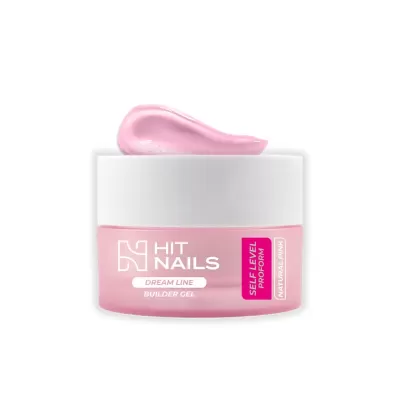 Frasco de gel construtor para unhas rosa com tampa branca e amostra do produto em rosa
