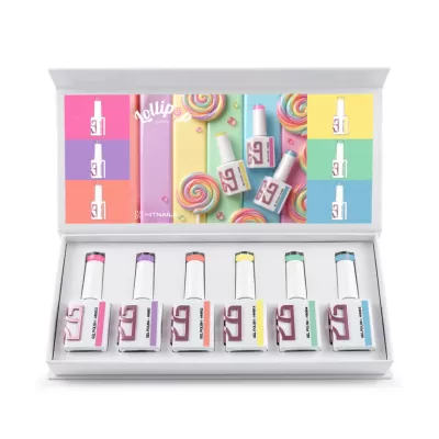Conjunto com seis vernizes gel de cores variadas em caixa branca decorada