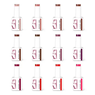 Doze frascos de verniz gel para unhas com tampas brancas e faixas coloridas
