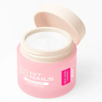 Frasco cor-de-rosa de gel para unhas com tampa bege aberta