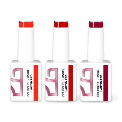 Frascos de verniz gel Lady In Red com tampas brancas e identificadores de cores vermelhas, rosa e vinho