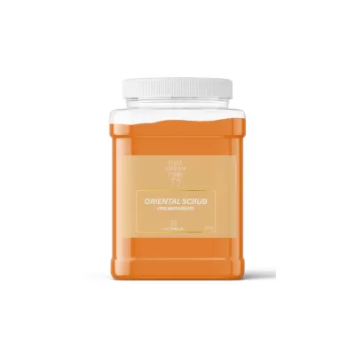 Frasco de esfoliante para pés laranja com tampa branca e rótulo bege