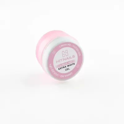 Frasco pequeno de gel para unhas com tampa rosa e rótulo branco e rosa