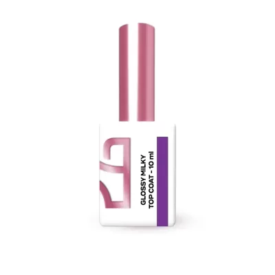 Frasco branco de verniz com tampa rosa e rótulo com texto GLOSSY MILKY TOP COAT - 10 ml
