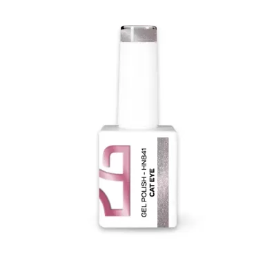 Frasco branco de verniz gel para unhas com tampa prata e texto em preto e rosa.