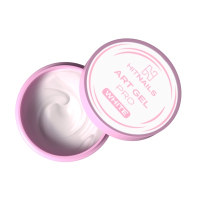 Pote rosa com gel branco e tampa com texto HIT NAILS ART GEL PRO WHITE