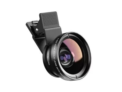 Lente de ângulo amplo macro preta com suporte de clip para smartphone