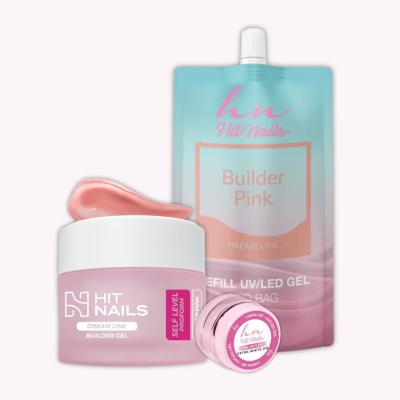 Produtos para unhas Hit Nails Builder Pink: gel construtor em frasco e refil em embalagem rosa