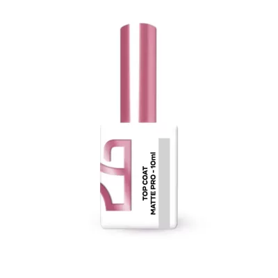 Frasco branco de verniz com tampa rosa e texto 'TOP COAT MATTE PRO - 10ml'