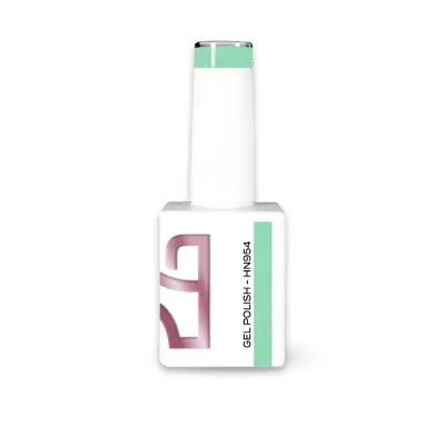 Frasco branco de verniz gel para unhas com tampa longa e faixa verde clara brilhante
