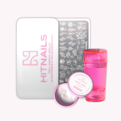 Kit para unhas HitNails com placa metálica floral, pote rosa translúcido e recipiente branco com tampa rosa