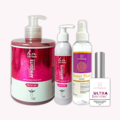 Produtos para unhas Hit Nails com rótulos rosa e branca em frascos variados