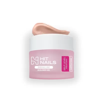 Frasco rosa de gel construtor para unhas HIT NAILS com tampa branca e gel aplicado em cima.