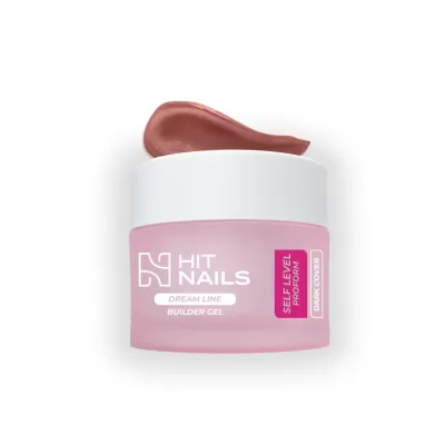 Pote de gel para unhas rosa claro com tampa branca e gel castanho claro