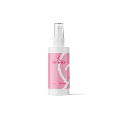 Frasco branco de spray para preparação de unhas com etiqueta cor-de-rosa