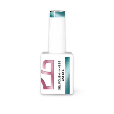 Frasco branco de verniz gel para unhas com rótulo azul esverdeado e texto GEL POLISH - HN838 CAT EYE
