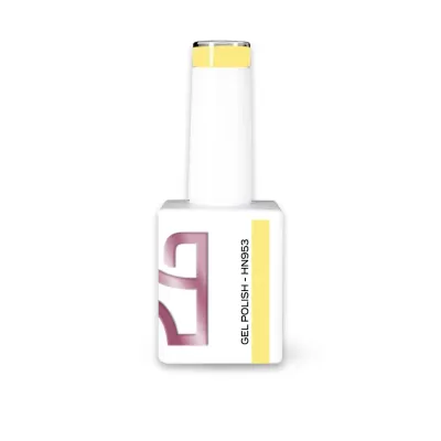 Frasco de verniz gel branco com faixa amarela e texto GEL POLISH - HN953